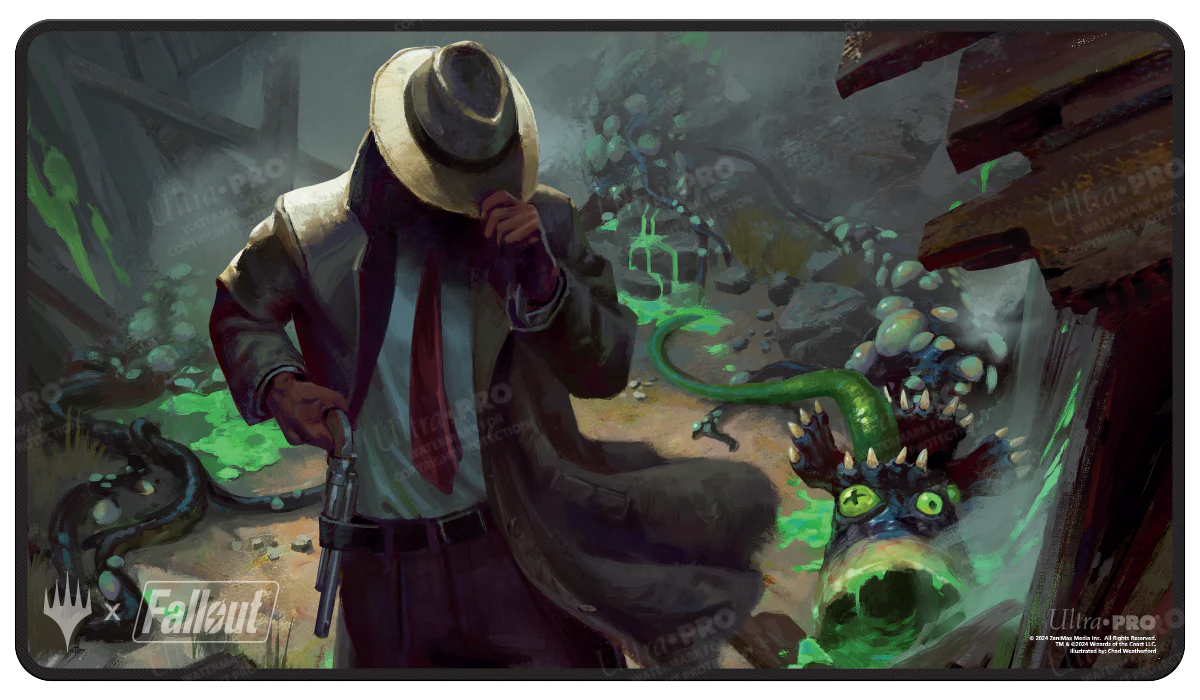FalloutĀ® Mysterious Stranger Black Stitched Standard Gaming Playmat for Magic: The Gathering