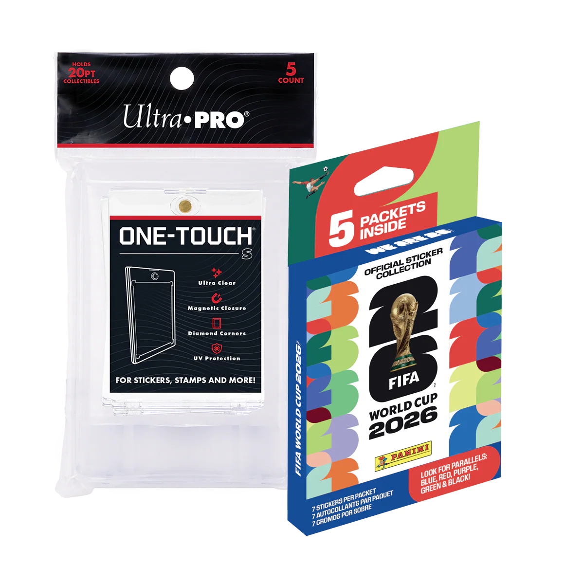 Panini 2026 FIFA World Cup Soccer 5ct Sticker Pack & ONE-TOUCH® S Magnetic Holder (5ct) Bundle
